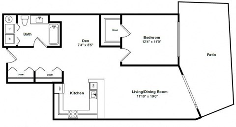 Floor plan for 1 bed, 1 bath, 851 sqft